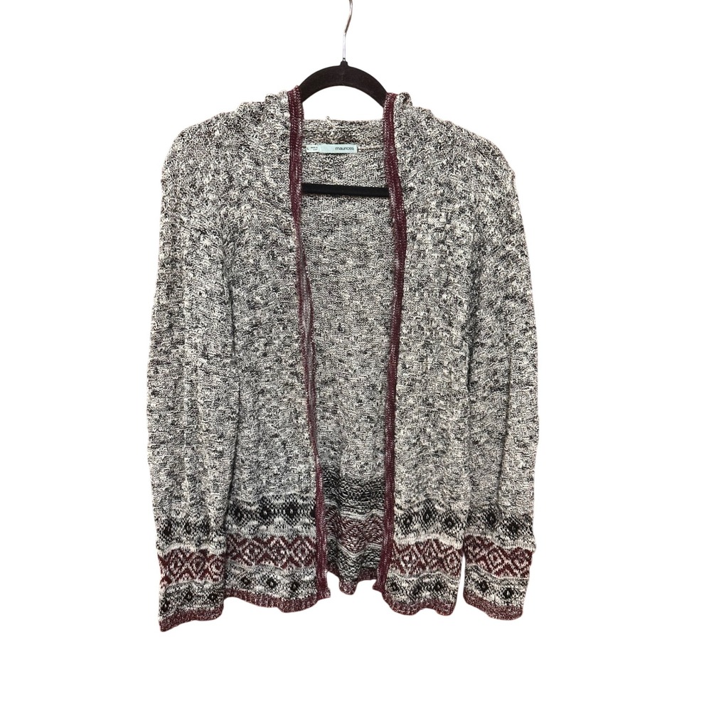 Maurices Womens Hooded Open Front Cardigan Marled Grey Burgundy Fair Isle Large